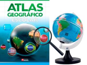 Kit Globo Terrestre 21CM LED Profissional + Lupa + Atlas Escolar Edição Atualizada Mapas De Países Físicos e Políticos - Negócio de Gênio