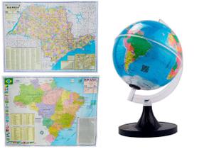 Kit Globo Terrestre 21CM LED Profissional + Mapa do Estado de SP + Mapa do Brasil 120x90cm Atualizado Escolar - Negócio de Gênio