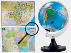Kit Globo Terrestre 21cm Profissional + Lupa + Mapa de Minas Gerais + Mapa do Brasil 120x90cm Atualizado Escolar