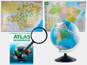 Kit Globo Terrestre 30cm Com Led + Lupa + Atlas + Mapa do Brasil e Mapa de Minas Atualizado Escolar Decorativo