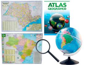 Kit Globo Terrestre 30cm Com Led + Lupa + Atlas + Mapa do Brasil e Mapa de SP Atualizado Escolar Decorativo