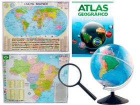 Kit Globo Terrestre 30cm Com Led + Lupa + Atlas + Mapa do Brasil e Mapa Mundi Atualizado Escolar Decorativo - Libreria Editora