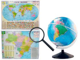 Kit Globo Terrestre 30cm Com Led + Lupa + Mapas do Brasil e Mundi 120x90cm Atualizado Divisão de Países
