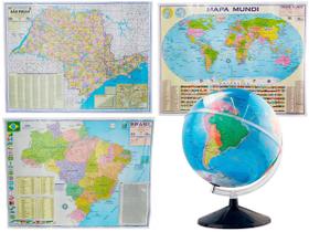 Kit Globo Terrestre 30cm Com Led + Mapas do Estado de São Paulo Brasil e Mundi 120x90cm Atualizado Divisão de Países - Negócio de Gênio