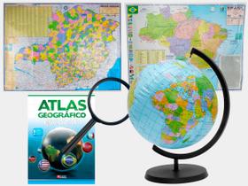 Kit Globo Terrestre Inflável 17cm + Atlas + Lupa + Mapas do Brasil e MG 120x90cm Escolar Decorativo - Multimapas