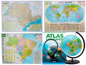 Kit Globo Terrestre Inflável 17cm + Atlas + Lupa + Mapas do Brasil Mundi e SP 120x90cm Escolar Decorativo
