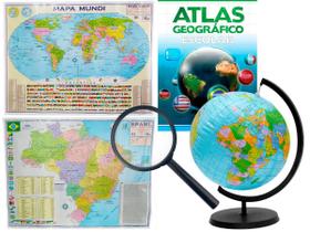Kit Globo Terrestre Inflável 17cm + Lupa + Atlas + Mapas do Brasil e Mundi 120x90cm Escolar Decorativo