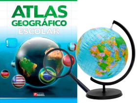 Kit Globo Terrestre Inflável + Lupa e Atlas Escolar Em Português Giratório Com Suporte E Base Plástico 30x17 cm