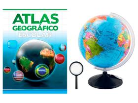 Kit Globo Terrestre Profissional Continental 30cm + Lupa + Livro Atlas Escolar Com Divisão De Países Base Em Plástico