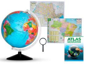 Kit Globo Terrestre Profissional Continental 30cm + Lupa + Mapa do Brasil + Mapa do Estado de SP + Livro Atlas Escola
