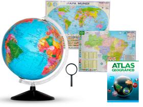 Kit Globo Terrestre Profissional Continental 30cm + Lupa + Mapa do Brasil + Mapa Mundi + Livro Atlas Escolar