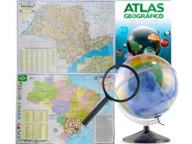 Kit Globo Terrestre Profissional Mondo 30cm + Lupa + Mapa do Brasil + Mapa do Estado de SP + Livro Atlas Escola
