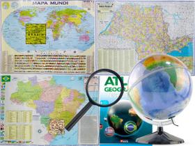 Kit Globo Terrestre Profissional Mondo 30cm + Lupa + Mapa do Brasil + Mapa Mundi + Mapa de SP + Livro Atlas