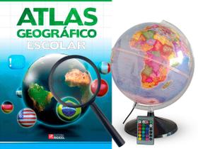 Kit Globo Terrestre Profissional Prisma RGB 30cm + Lupa + Livro Atlas Escolar Com Divisão De Países Base Em Plástico