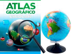 Kit Globo Terrestre Profissional Studio 30cm + Lupa + Livro Atlas Escolar Com Divisão De Países Base Em Plástico