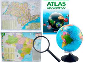 Kit Globo Terrestre Profissional Studio 30cm + Lupa + Mapa do Brasil + Mapa do Estado de SP + Livro Atlas Escola