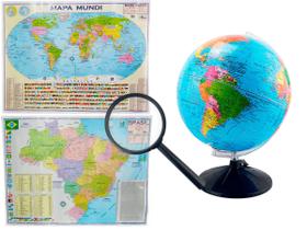 Kit Globo Terrestre Profissional Studio 30cm + Lupa + Mapa do Brasil + Mapa Mundi Edição Atualizada Escolar Decorativo