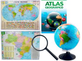 Kit Globo Terrestre Profissional Studio 30cm + Lupa + Mapa do Brasil + Mapa Mundi + Livro Atlas Escolar