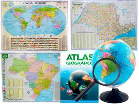 Kit Globo Terrestre Profissional Studio 30cm + Lupa + Mapa do Brasil + Mapa Mundi + Mapa de SP + Livro Atlas