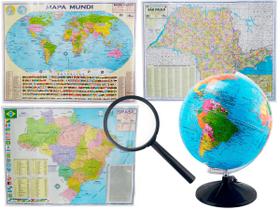 Kit Globo Terrestre Profissional Studio 30cm + Lupa + Mapa do Brasil + Mapa Mundi + Mapa do Estado de SP