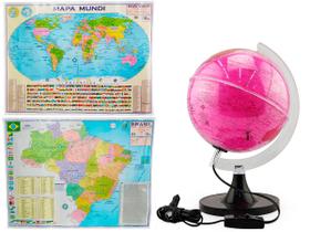 Kit Globo Terrestre Rosa 21cm C/ LED Profissional + Mapa Mundi + Mapa do Brasil 120x90cm Atualizado Escolar