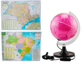 Kit Globo Terrestre Rosa 21CM LED Profissional + Mapa do Estado de SP + Mapa do Brasil 120x90cm Atualizado Escolar - Negócio de Gênio