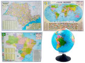 Kit Globo Terrestre Studio 30cm + Mapa do Estado de São Paulo + Mapa do Brasil + Mapa Mundi Edição Atualizada - Negócio de Gênio