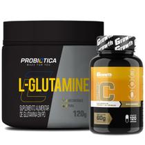 Kit Glutamina Pura 120g Probiotica + Vitamina C 120 Caps Growth