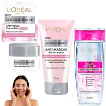 Kit Glycolic Bright AntiMarcas Loreal Paris Gel de Limpeza Creme Dia FPS30 Hidratação Água Micelar