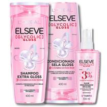 Kit Glycolic Gloss Shampoo Condicionador 400ml Sérum Prolongador Elixir Elseve Ácido Glicólico Kit Glycolic Gloss Shampoo Condicionador 400ml Sérum Prolongador Elixir Elseve Ácido Glicólico