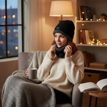 Kit Gorro de Frio e Cachecol Estilo Gola Preto Unissex Inverno Tecido Acolchoado Quente