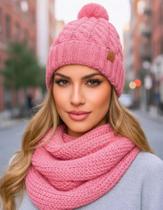 Kit Gorro e Touca Feminina com Pompom + Gola em Tricô Inverno Quente e Elegante