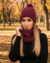 Kit Gorro e Touca Feminina com Pompom + Gola em Tricô Inverno Quente e Elegante