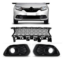 Kit Grade Dianteira Parachoque Sandero 2014 15 16 17 18 2020 Preto Moldura Milha Com Furo