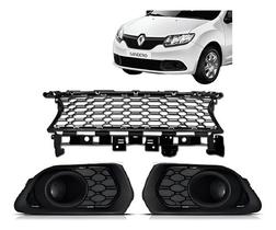 Kit Grade Dianteira Parachoque Sandero 2014 15 16 17 18 2020 Preto Moldura Milha Sem Furo