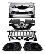 Kit Grade Frontal Parachoque Sandero 2014 15 16 17 18 2019 Preto Moldura Milha Sem Furo
