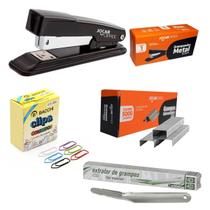 Kit Grampeador Metal + Grampo Galvanizado + Clips 2/0 + Extrator ideal para Escritórios Lojas Escolas Home Office