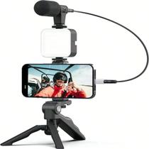 Kit Gravação 5 Em 1 Vlog Celular Vídeo Tripé Led Microfone