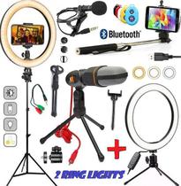 Kit Gravação De Vídeo Tripé 2m Profissional Luz Led Ring Light Suporte Celular + Microfone Condensador de Mesa Aula Live