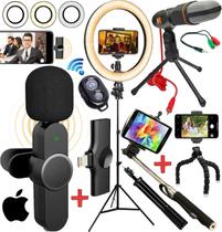 Kit Gravação Profissional Tripé Microfone de Mesa + Lapela Sem Fio iOS Luz Iluminador Ring Light Pau Selfie Youtuber
