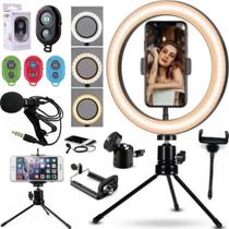 Kit Gravação Ring Light Luz Iluminador Led Suporte Celular Tripé Controle Microfone Foto Vídeo