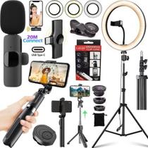 Kit Gravação Ring Light Tripé Microfone Sem Fio Tipo-C Bastão Estabilizador Celular Filmagem