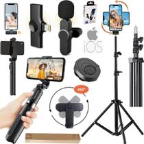 Kit Gravação Tripé 2m Bastão Controle Microfone Sem Fio Filmagem No iPhone