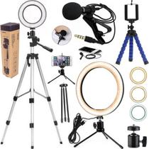 Kit Gravação Vídeo Aula Suporte Celular Tripé Luz Microfone Acessórios Filmagem