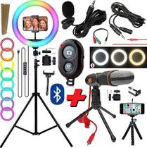 Kit Gravação Vídeo Profissional Iluminador Luz Led Ring Light Colorido Pedestal Celular Microfone Condensador + Controle