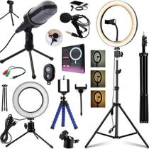 Kit Gravação Vídeo Profissional Tripé 2M Luz Ring light Microfone Aula Home Office Conferência