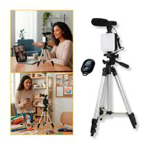 Kit Gravação Vlogging com Iluminador LED, Microfone Direcional, Tripé 1m e Controle Obturador Bluetooth TPFoto