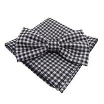 Kit gravata borboleta + lenço de bolso algodão xadrez branco e preto