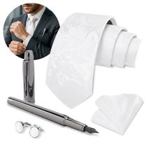 Kit Gravata Seda Branca E Caneta Tinteiro Escritório Cromada