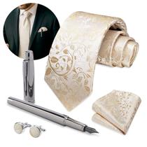 Kit Gravata Seda Dourada E Caneta Tinteiro Refil Cromada